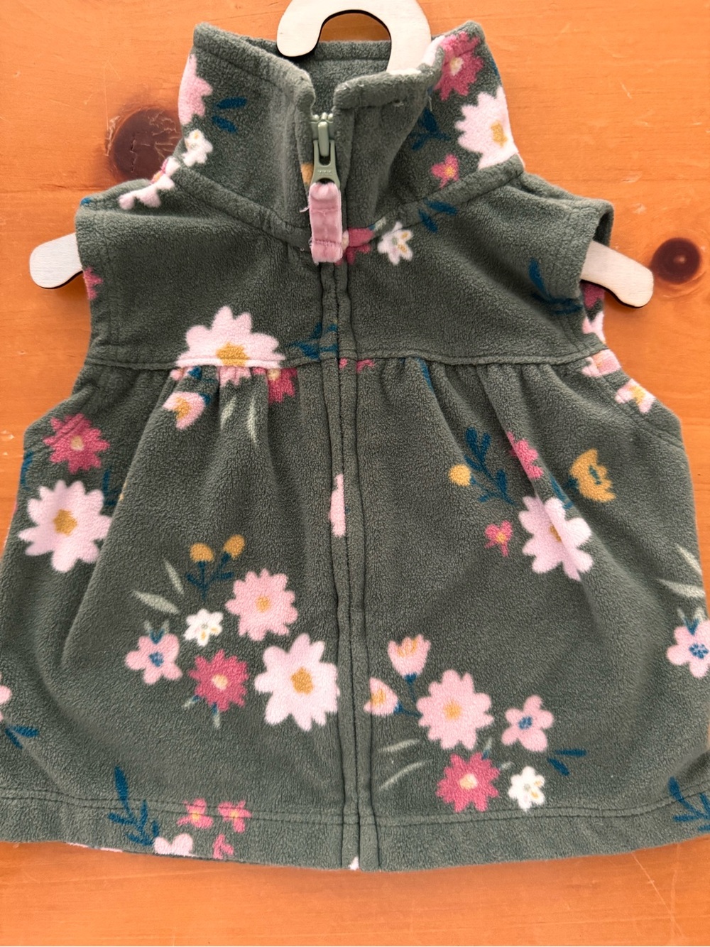 Carter's Olive Green Floral Fleece Vest with Pink & White Flowers